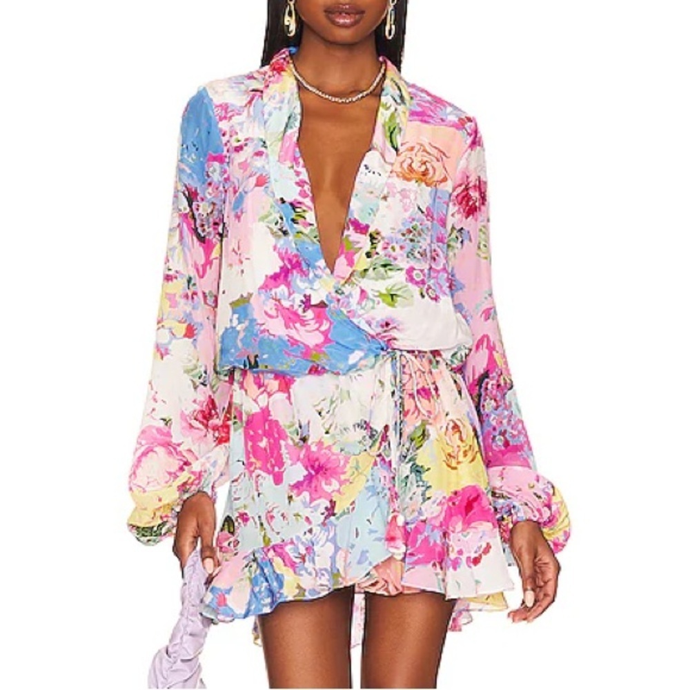Rococo Sand Aster Pink Wrap Dress Floral Soft Small Mini Long Sleeve Multi